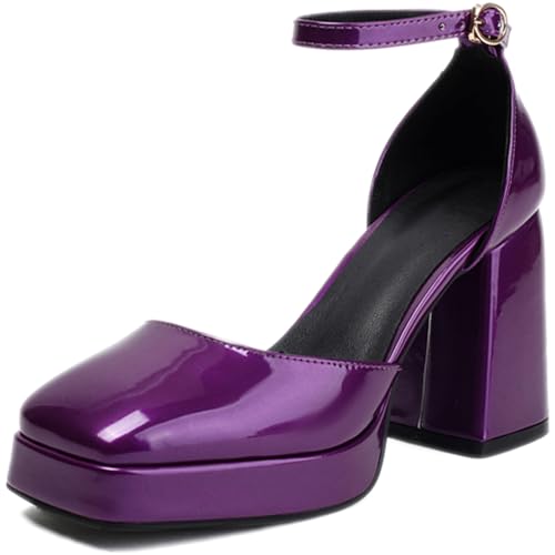 Women's Platform High Chunky Heel Closed Square Toe Pumps With Adjustable Ankle Strap Fashion Patent Leather Comfortable Non-Slip Y2K Sandals for Party Dress Wedding