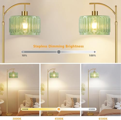 Image of QIYIZM Glass Floor Lamp for Living Room,Bedroom,Gold Dimmable Standing Lamp with Remote,Mid Century Modern Brass Tall Lamp Boho Vintage Retro Floor Lamps Arc Green Flower Floor Light Lamp Bohemian