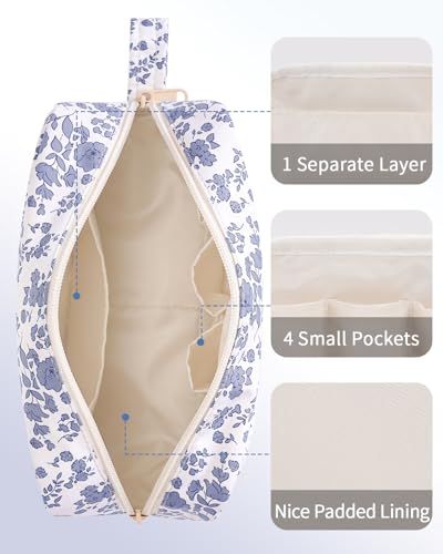 Image of Narwey Cute Makeup Bag Small Toiletry Bag Travel Cosmetic Bag Organizer Make Up Bags with Organized Pockets for Women (Little Grayish Blue Flower, Large)