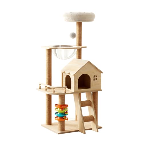 YASICA キャットタワー 木製 猫タワー スリム 据え置き 省スペース 透明ボウル 宇宙船付き 多頭飼い 大型猫用 猫ハウス シニア猫 短足猫 子猫向け 見晴台 天然麻紐 多ステップ 階段付き 爪とぎ 運動不足解消 頑丈 安定感 おしゃれ かわいい 多