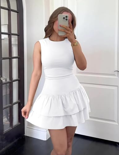 Image of GOKATOSAU Women's Summer Round Neck Cap Sleeve Bodycon Tiered Ruffle Hem Mini Dress White
