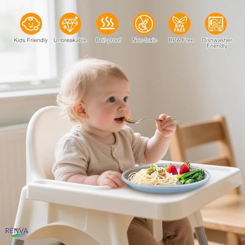 Image of RENVA Stainless Steel Kids Plates Suction Plate for Baby,Divided Toddler Plates with Removable Silicone Sleeves for Mess-Free Feeding, Non-Toxic, Non-Slip (Blue, 1 Plate)