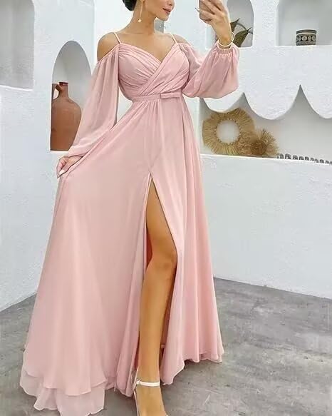 Monlity Women's Spaghetti Straps Prom Dress with Long Sleeves Chiffon Bridesmaid Dresses with Slit Formal Evening Gown4