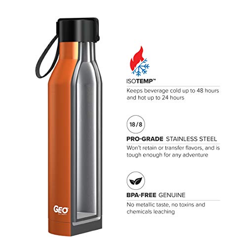 Geo 17oz Double Wall, Vacuum Insulated, Leak-Proof Sports Water Bottle with Stainless-Steel Powder-Finish Coating. Screw Cap and Rubber Carrying Strap (Orange)