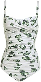 Ekouaer Womens Elegant Swimming Wear One Piece Monokini Swimwear Bathing Swim Suit(Green Leaves,Large)