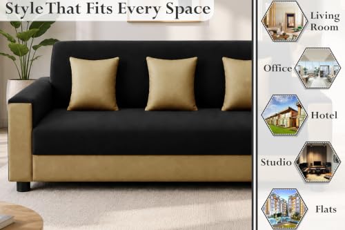 Image of 3 Seater Wooden Sofa | Velvet Fabric Couch with Cushions | Comfortable Living Room Sofa | Sturdy Wooden Frame | Home & Office Furniture | Black & Beige