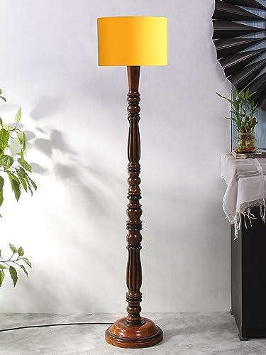 Image of Cotton Shade Floor Lamp with Wooden Base - Height 56 Inches, Yellow | Modern Standing Lamp for Living Room, Bedroom, Office | Stylish & Decorative Home Lighting | Elegant Decor