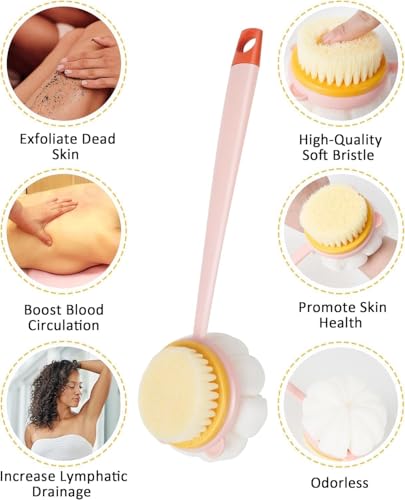 Image of KLIMET 2-in-1 Silicone Body Bathing Brush with Long Handle | Soft & Firm Bristles Back Scrubber for Deep Cleaning, Exfoliation & Dirt Removal | BPA-Free Shower Brush for Men & Women (Multicolour)
