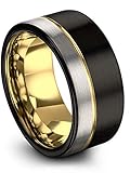Midnight Rose Collection Tungsten Wedding Band Ring 12mm for Men Women 18k Yellow Gold Plated Flat Cut Off Set Line Black Grey Half Brushed Polished Size 13