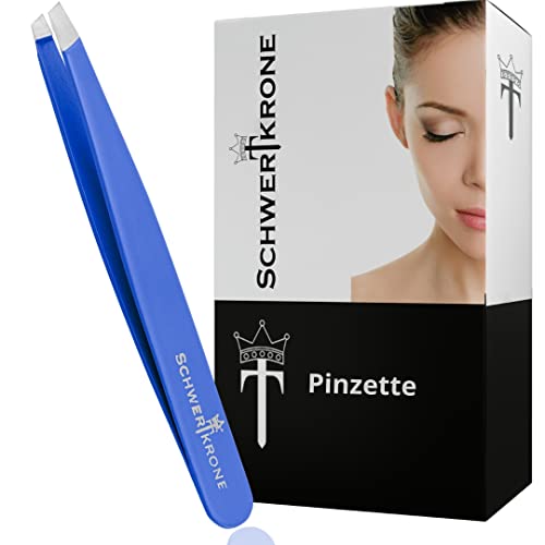 Schwertkrone Pinza profesional de acero inoxidable, 8 cm, punta oblicua para depilar las cejas (azul)