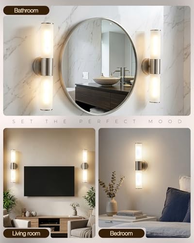 Image of 2-Light Bathroom Vanity Lighting Fixture, Brushed Nickel Wall Sconce with Opal White Glass, E26 Stocket Indoor Wall Lamp, Modern Mirror Light. 2 Pack
