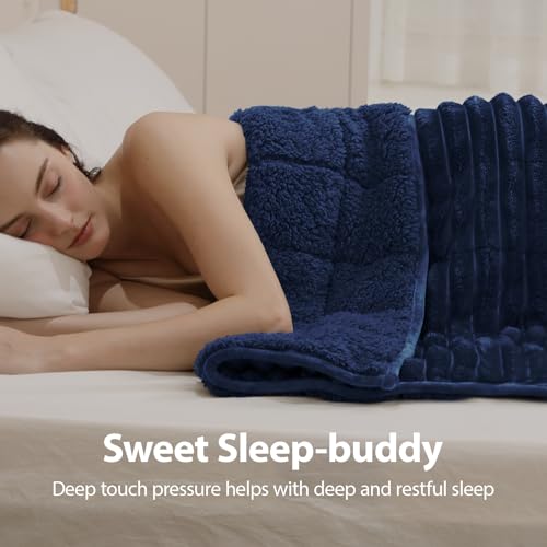 Image of Ultra-Soft Weighted Blanket for Adults(15 lbs, 60 inch x 80 inch Queen Size) 3D Striped Sherpa Fleece Reversible Heavy Blanket with Glass Beads, Perfect for 140-190 lbs, Machine Washable, Navy Blue