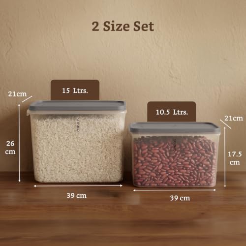 Image of Amazon Brand - Solimo Airtight Plastic Rectangle Storage Containers Food Grade Set of 2 (10.5L & 15L) | BPA-Free Durable Kitchen Storage | Stackable Pantry & Fridge Containers for Dry Food, Grey