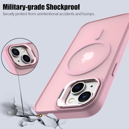 Image of Elzzi Kickstand Case for iPhone 15 Case Compatible with MagSafe, Built-in Adjustable Camera Guard Stand, Translucent Matte Anti-Fingerprint Heavy Duty Shockproof Phone Cover - Pink