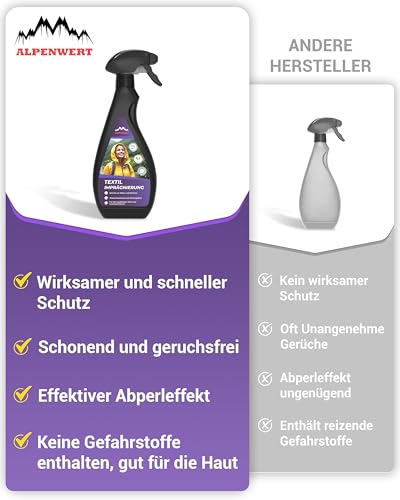 Alpenwert Textil Imprägnierung 500ml [LANGZEIT-ABPERL-Schutz] Made in Germany für Textilien Outdoor, Schuhe, Skibekleidung, Zelte UVM. Outdoor (500ml)