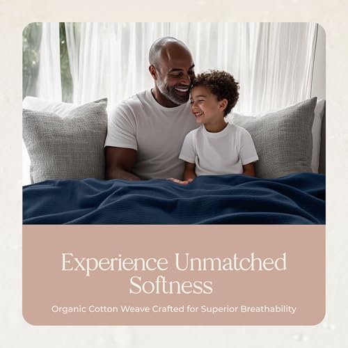 Image of 100% Organic Cotton Blanket - GOTS & Fairtrade Certified Organic Cotton Throw Blanket for Bed with a Heavy & Breathable Single Knit Weave - Great as Bedspread or Coverlet (Navy, Full /Queen)