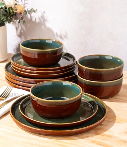 Image of GBHOME Dinnerware Sets for 8, 24 Pieces Ceramic Plates and Bowls Set | Scratch Resistant Stoneware Dishes Set, Dishwasher & Microwave Safe, Reactive Glaze-Multi-Green