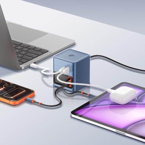 Image of 100W GaN 4-Port USB-C Desktop Charger with Dual Retractable Type-C & Ligh /tning Cables, PD Fast Charging Station for Mac /Book, 1Pad, 1Phone 17 /16, XPS, Galaxy S26 /S25, Pixel & Android Devices (Q16)