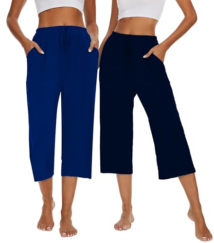 Image of Kabento 2 Pack Womens Pajama Pants Capri Sleep Lounge Pants Drawstring Pj Bottoms with Pockets