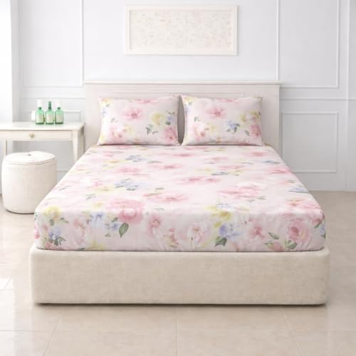 Image of DECOR2ADMIRE 300TC Glace Cotton Printed Super King Size Double Bedsheet with Two Pillow Covers, 108 x 108 Inches or 9 Feet x 9 Feet - (Baby Pink Rose)