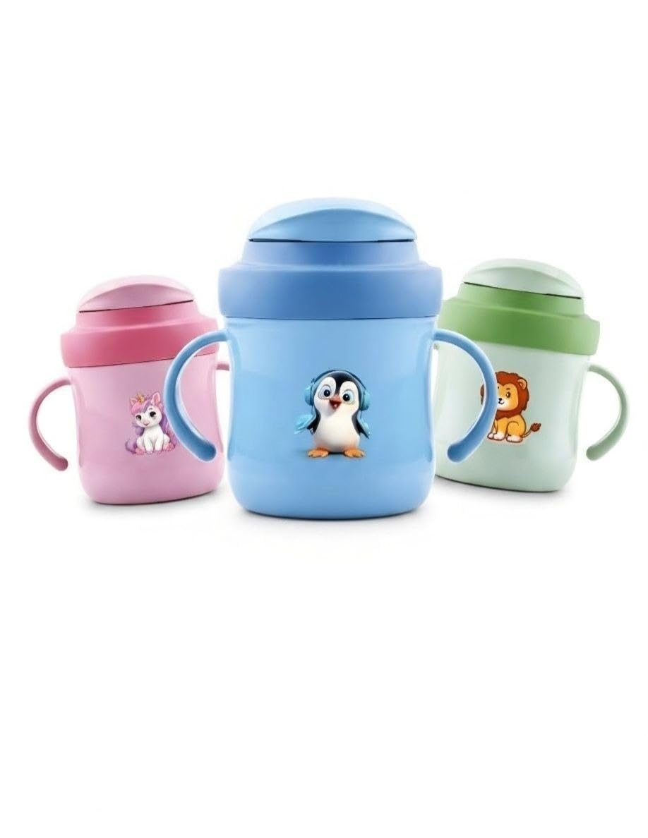 Baby Sipper Mug with Straw and Dual Handles Spill Proof Cup for Toddlers Children Cartoon Print Water Milk Mug for Home School Travel Use (Pack of 1) (350ml)-picture-17