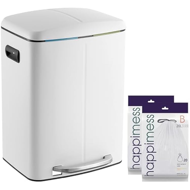happimess HPM1005C Marco Rectangular 10.6-Gallon Double Bucket Trash Can with Soft-Close Lid, White, Fingerprint Resistant, Modern, Minimalistic for Home, Kitchen, Office, Bedroom, Bathroom