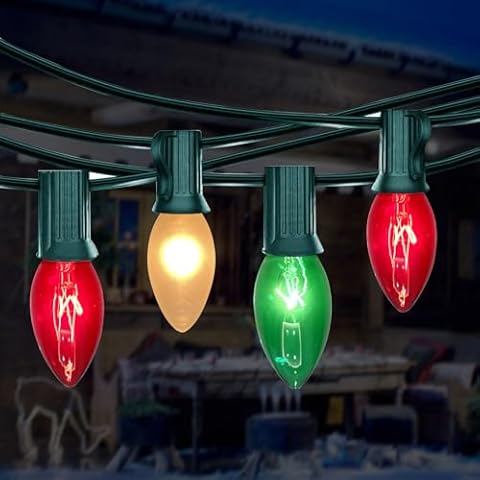 25Ft Christmas Lights Outdoor, C9 Multicolor Christmas Lights with 26 Red Green & White Incandescent Bulbs, Vintage String Lights for Holiday, Xmas, Roofline, Wedding- Green Wire Cover