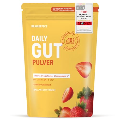 BRAINEFFECT DAILY GUT – Probiotisches Getränkepulver mit 16 Mrd. lebenden Bakterien & 7 g Ballaststoffen pro Portion, mit Vitamin B1, B2, B6 & B12, Erdbeergeschmack – 240 g 1