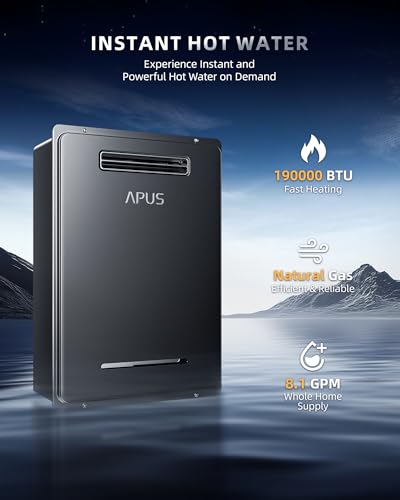 Image of APUS 190,000 BTU Outdoor Tankless Water Heater, 8.1 GPM Natural Gas Instant Hot Water Heater with WiFi & Remote Control, High Efficiency for Supports 5 Outlets