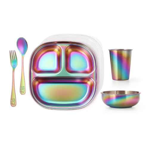 AIEVE Stainless Steel Kids Plates and Bowls, 5 Pcs Kids Dinnerware Set Includes Stainless Steel Toddler Plate with Lid, Utensils, Cup and Bowl