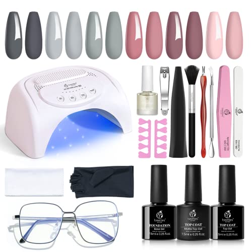Beetles Gel Nail Polish Kit with U V Light 48W LED Nail Lamp 6 Colors Nude Gray Pink,and Anti-U V Manicure Set U V-400 Blocking Glasses and Skin Protective Gloves