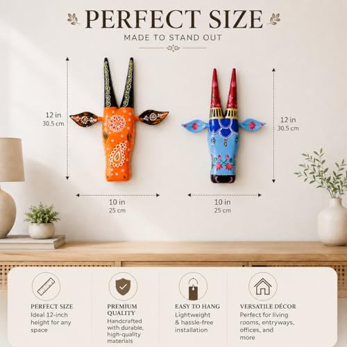 Image of Framing Hub - Handcrafted Multicolor Cow Head Wall Hanging | Traditional Indian Wooden Art | Decorative Animal Face Mask for Living Room Decor | Nandi Inspired Wall Sculpture (Set of 2)