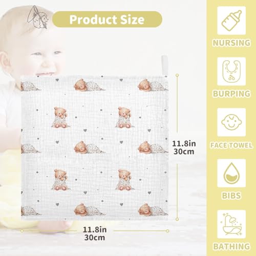 Image of vvfelixl Baby Washcloths Cotton Cute Sleeping Teddy Bears Baby Muslin Washcloths Soft Baby Face Towel for Newborn Infants Baby Wipes, 11.8 X 11.8 inch, one sizex5