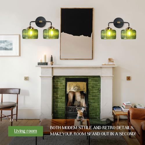 Image of Vintage Bathroom Vanity Light, Bathroom Light Fixtures Over Mirror, Mid Century Style Striped Green Wall Sconce Farmhouse 2-Lights Fixture Black Vanity Lamp for Over Mirror Bedroom