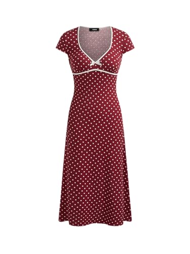 CIDER Women Polka Dot Knit Midi Dress V Neck Bowknot A Line Casual Slim Fit Short Sleeve Dresses