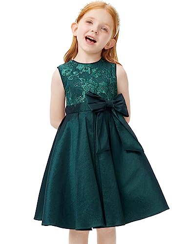 Girls Dress Sleeveless Floral Embroidery Empire Dress Holiday Dark Green Poster Dress