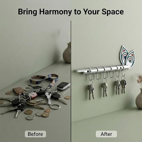 Image of Big Brass Antique Krishna Flute for Key Holder /Key Stand /Keys Hanger Hook /Key Holders for Wall Stylish /Keys Rack Hook /Key Hanging Hooks - Home Decor, Wall Mount - 6 Hooks (Chrome Plated)