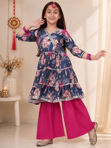 Image of Preneum Girl's Cotton Rayon Floral Printed Angrakha Kurta with Sharara & Dupatta