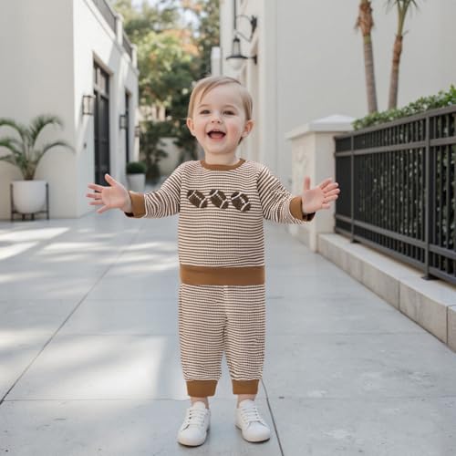 Karuedoo Toddler Baby Boy Girl Football Outfit Rugby Embroidery Stripe Long Sleeve Waffle Knit Sweatshirt and Pants Set2