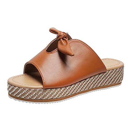 ZQYMM Sandales Mode Femme Cuir Sandale Plateforme D'été Sandales Compensées Bout Ouvert Confortables Bow Noeud Chaussures Talons 4Cm Sandale Paille Claquettes Cover