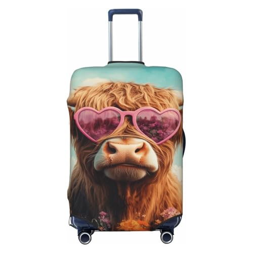 Highland Cow Wearing Pink Glasses Elastic Travel Luggage Covers Dustproof Scratch-Resistant Suitcase Protector Fit 22-24 Inch