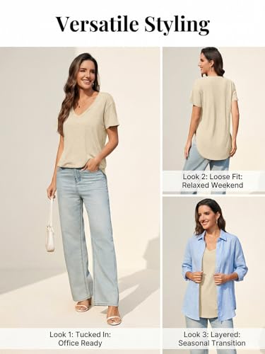 Image of Womens Deep V Neck T Shirts Oversized Side Split Summer Sexy Tunic Tops | Loose Fit, Low Cut, Soft Comfortable, Flowy, Casual Dressy, Stretchy, Beach Vacation, Solid Color, Curved Hem