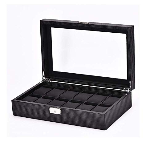 ZT-TTHG ウォッチボックス12腕時計収納ケースウォッチボックスメンズ腕時計展示主催カーボンファイバーレザーウォッチオーガナイザー(カラー:ブラック、サイズ:ワンサイズ) (Color : Black)