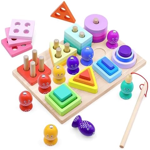 Humerry Wooden Sorting and Stacking Toy for Kids, Montessori Toys for 1 2 3 Year Old Boys Girls, with Magnetic Fishing Game, Early Educational Shape Sorter Toy Gift Cover