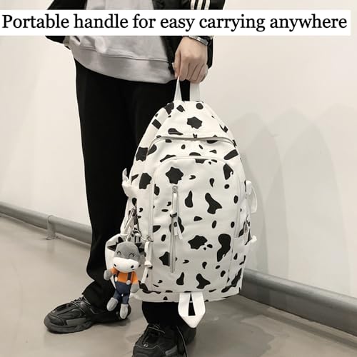 Image of Retro Animal Cow Spotted Theme Waterproof Canvas School Bag Stylish Multiple-Compartment Large Capacity Zipper Bag Lightweight Casual Daypack for Elementary, Middle & High School Students