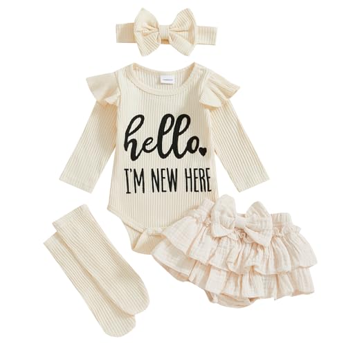Im New Here Newborn Baby Girl Outfit Ruffle Romper Tiered Tutu Dress Shorts Headband Socks Coming Home Clothes Set