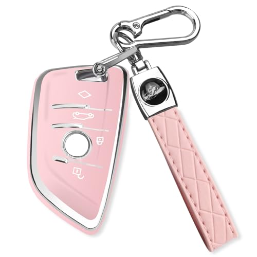 Image of QBUC for BMW Key Fob Cover with Leather Keychain | for BMW 2 5 6 7 Series X1 X2 X3 X5 X6 X7 Premium Soft TPU Key Fob Holder (1-Pink)