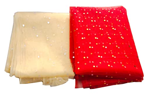 Image of Dual Color Combo of 42inch Width Dotted Mesh Net Fabric for Decoration, Fruit /Dryfruit /Gift Packing & Trousseau Tray Packing (5 Meter Each Color, Golden & Orange)
