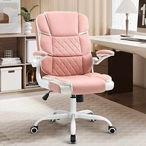 SEATZONE Home Office Desk Chairs Pink PU Leather Executive Office Chair with Wheels and Arms Comfortable Ergonomic Desk Chair for Adults and Teens