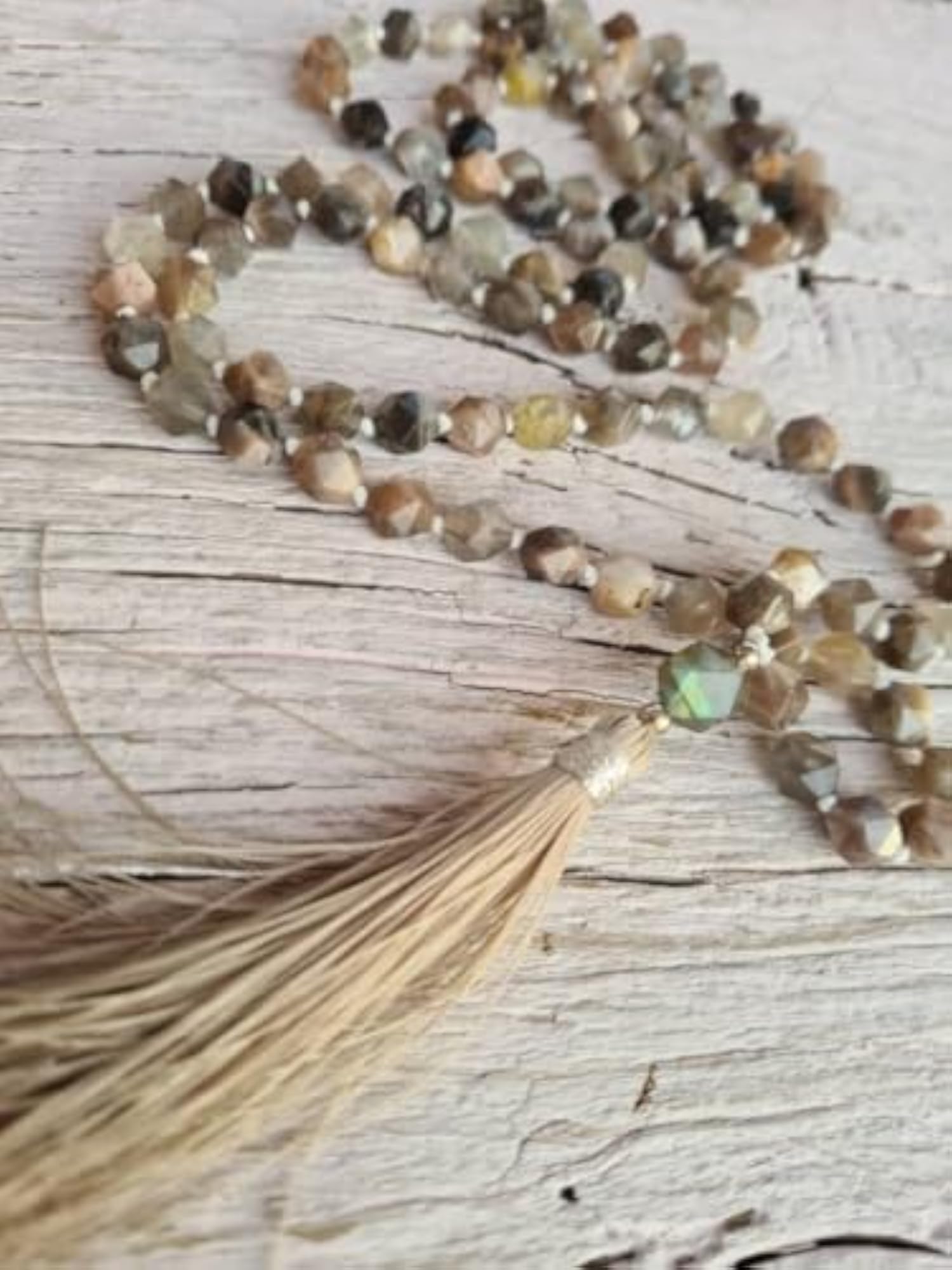 Natural Grey Sunstone & Labradorite 6MM Round Beaded Handmade Prayer Mala Necklace